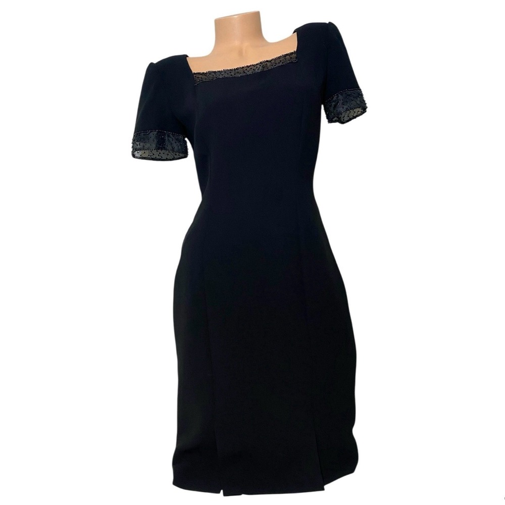 Talbots Women's Size 4 Short Sleeve Sheath Dress Black Square Neck Rhinestone